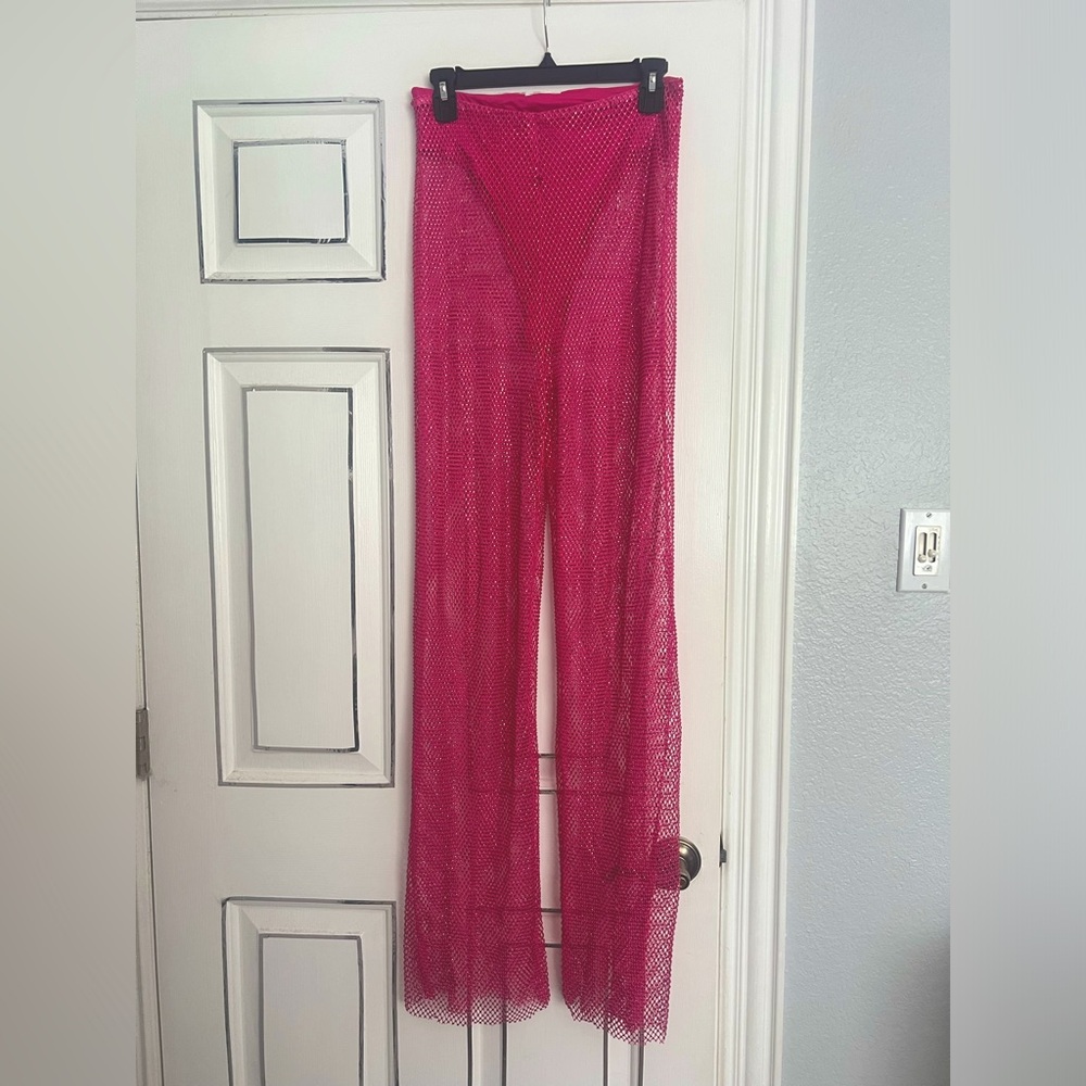 Meshki Pink Mesh Sparkle Flare Pants